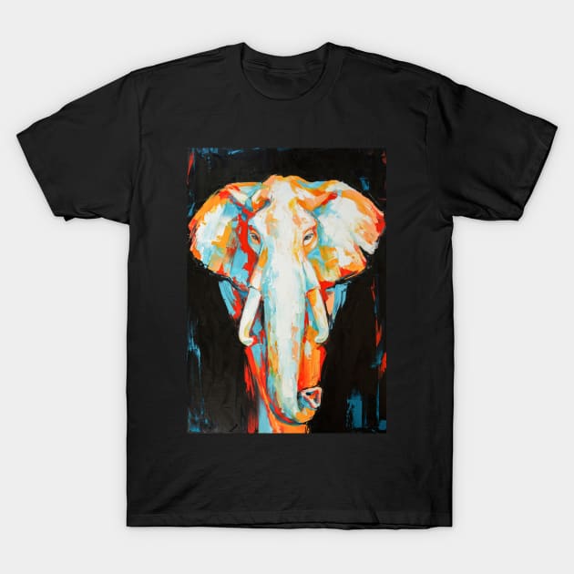 Oil elephant portrait painting in multicolored tones. T-Shirt by MariDein